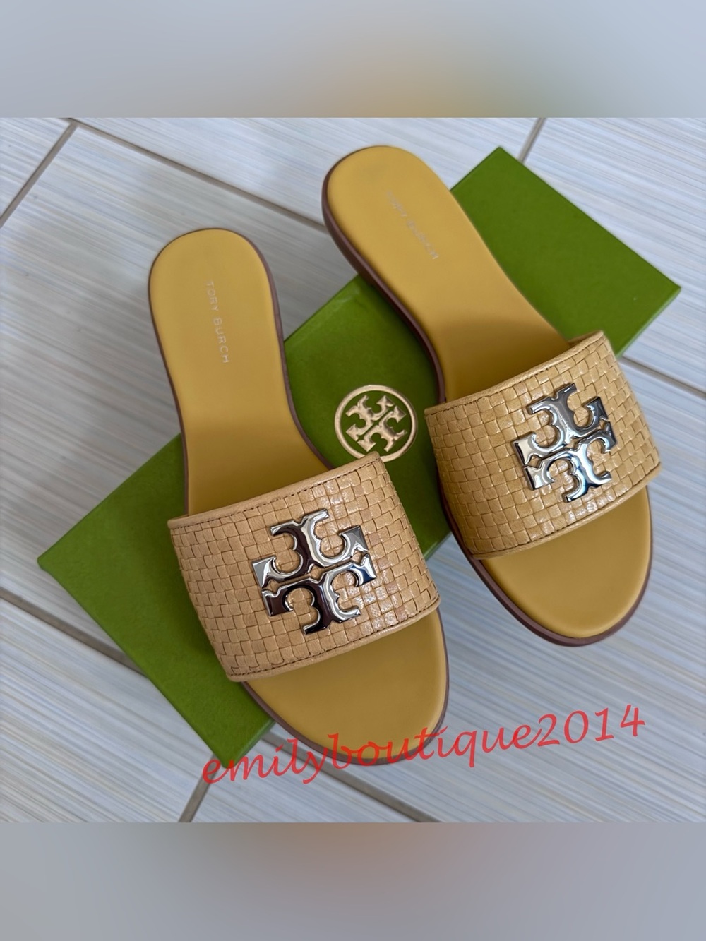 Tory Burch 8.5 Everly Slide Tropic Mesh Leather Sandals Deep Sunflower 180590